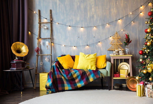 Fox Christmas Trees Sofa Lights Vinyl Backdrops - Foxbackdrop