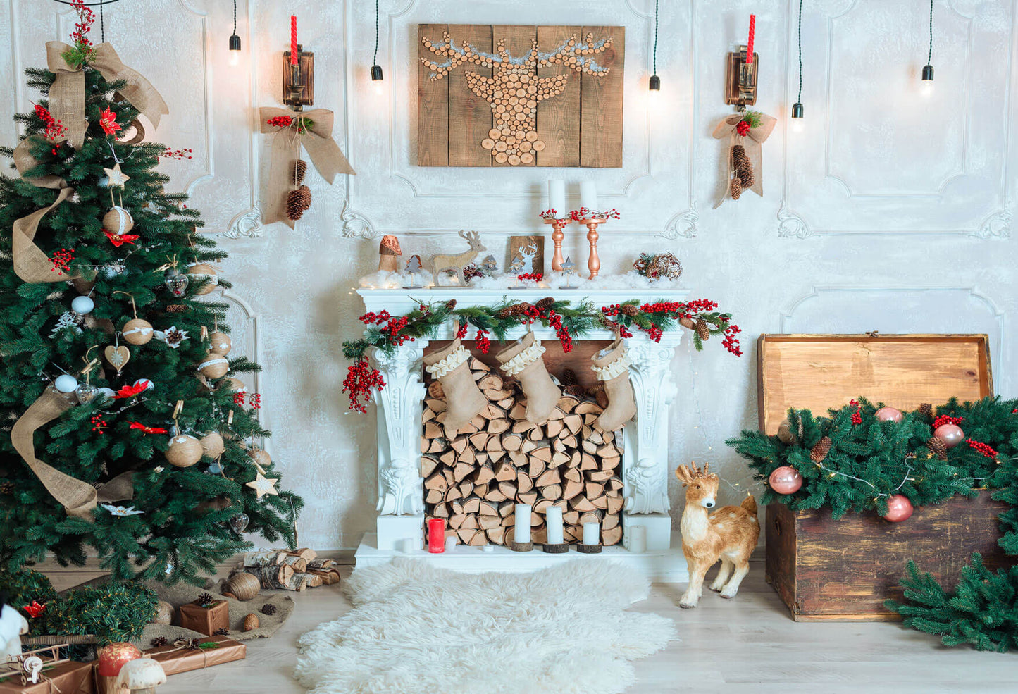 Fox White Christmas Fireplace Rolled Vinyl Backdrops - Foxbackdrop