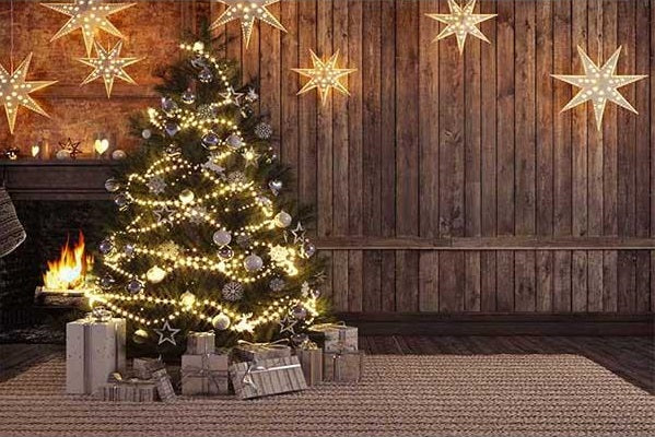 Fox Wood Christmas Trees Lights Fabric/Vinyl Backdrop