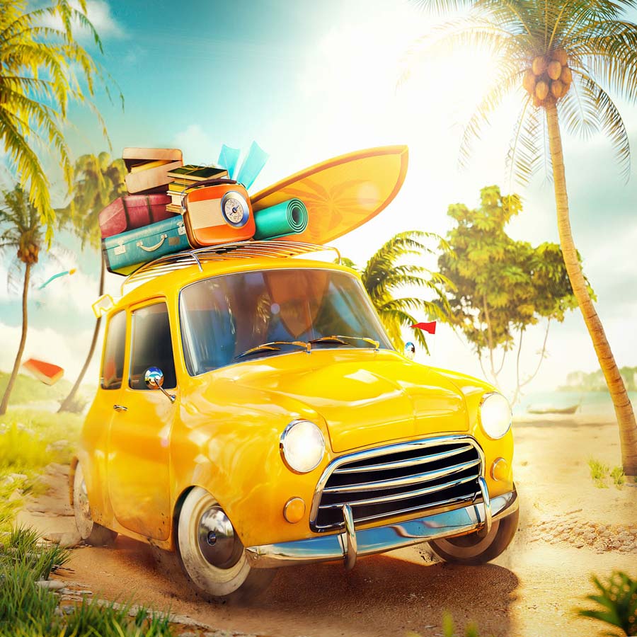 Fox Rolled Summer Holiday Beach Yellow Car Children Vinyl Backdrop - Foxbackdrop