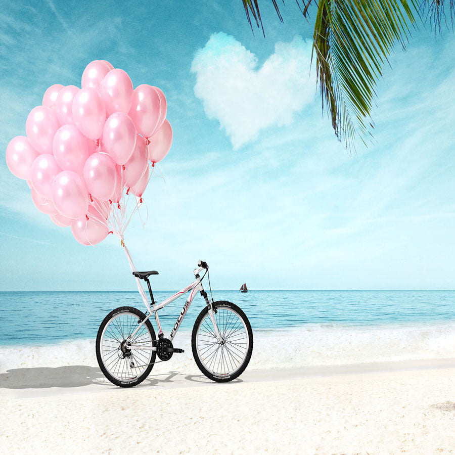 Fox Rolled Summer Beach Pink Balloons Bike Children Vinyl Backdrop - Foxbackdrop