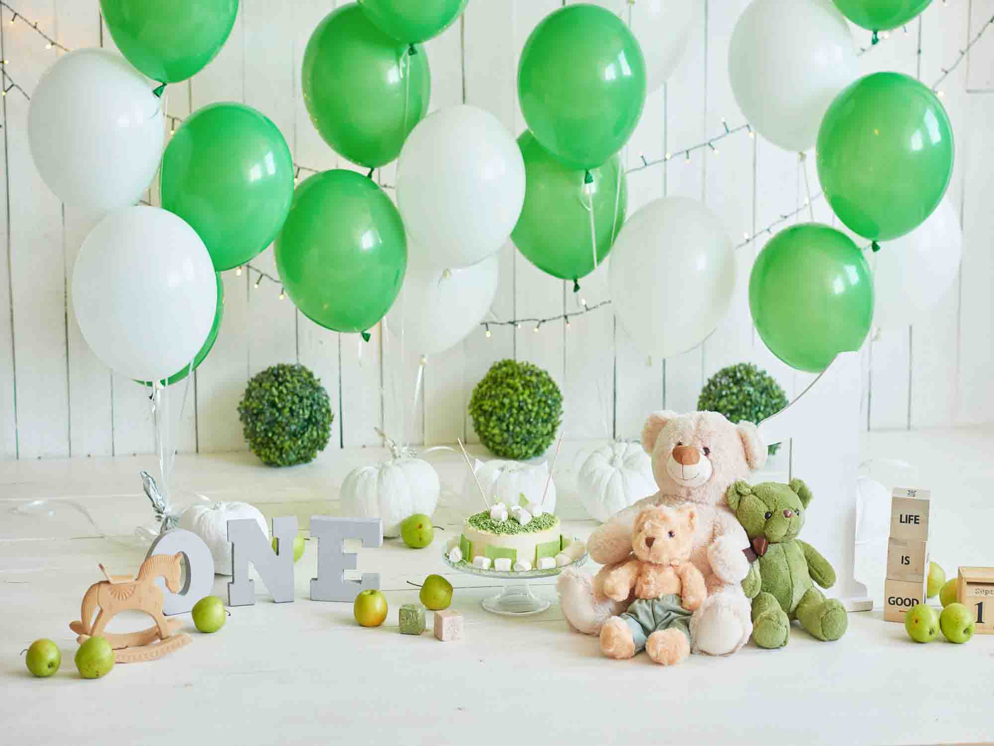 Fox Rolled Green Balloons Cake Smash Children Vinyl Backdrop - Foxbackdrop