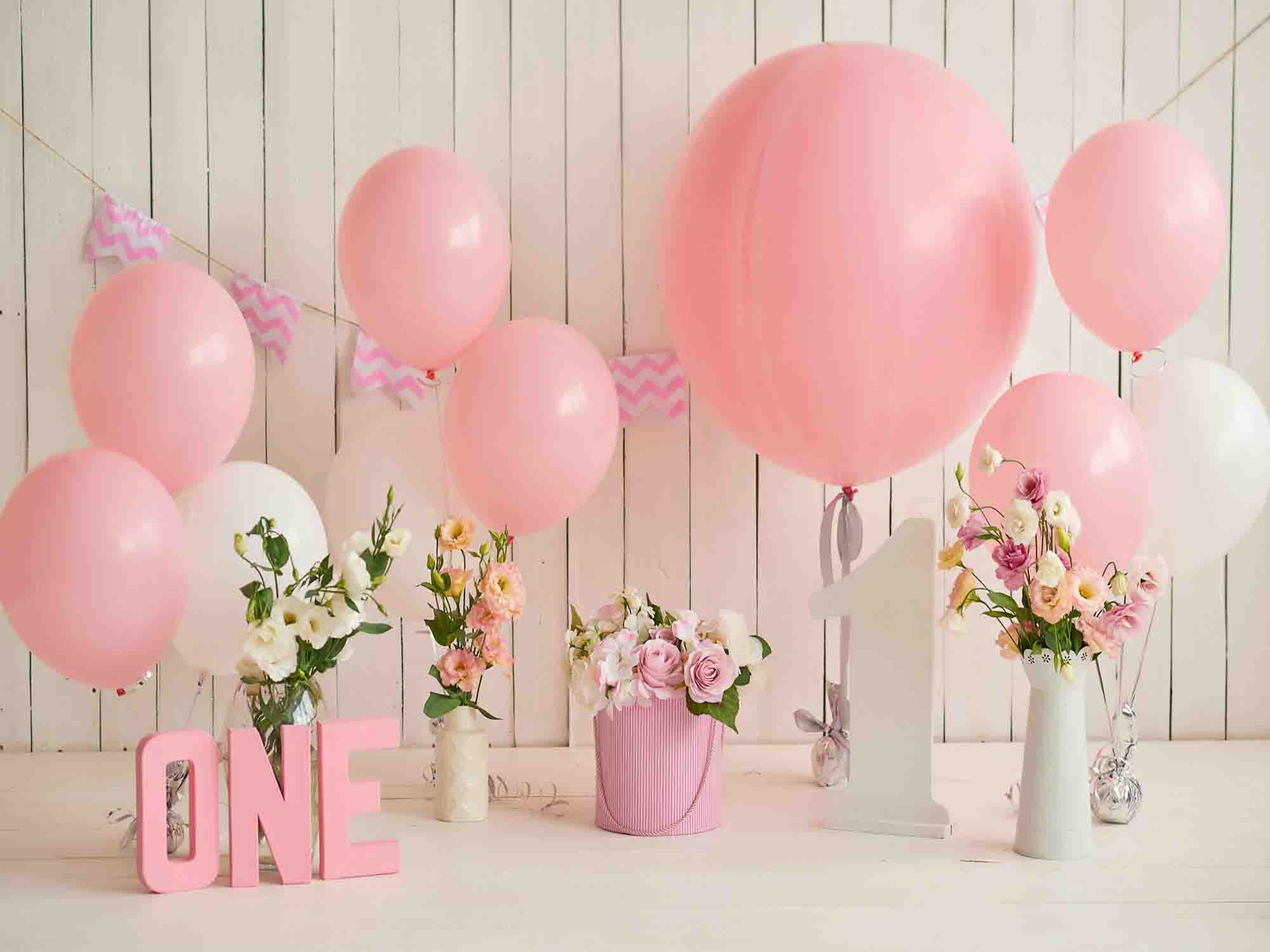 Fox Rolled Pink Balloons Girl Birthday Vinyl Photo Backdrop - Foxbackdrop