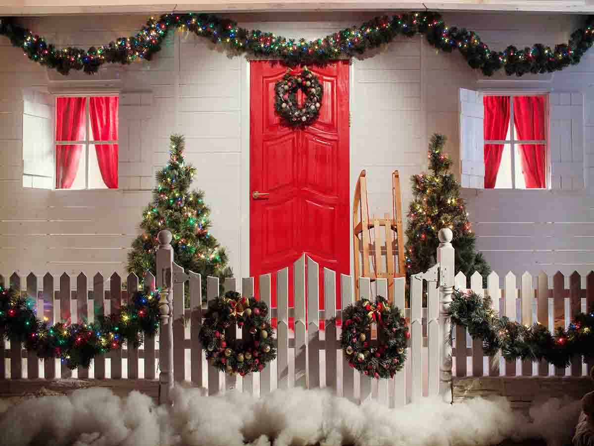 Fox Rolled Christmas Doors Snow Vinyl Backdrop - Foxbackdrop
