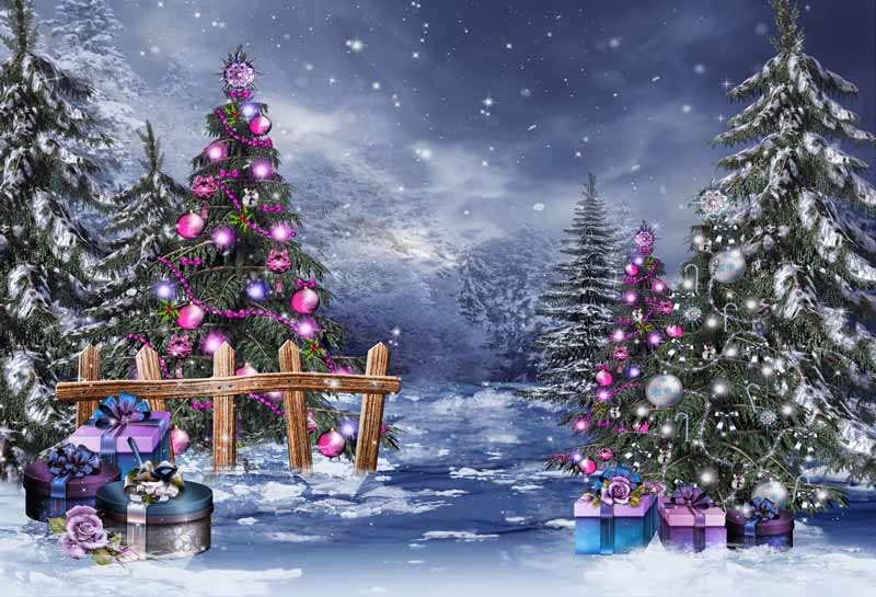Fox Rolled Outdoor Snow Christmas Trees Vinyl Photo Backdrop - Foxbackdrop