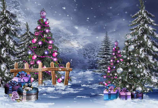 Fox Rolled Outdoor Snow Christmas Trees Vinyl Photo Backdrop - Foxbackdrop