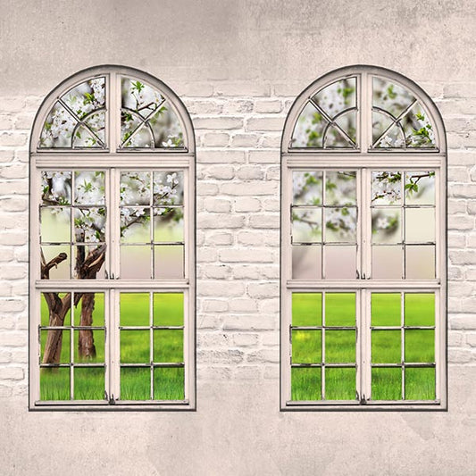 Fox Rolled Spring Flowers Double Window Brick Wall Vinyl Backdrop - Foxbackdrop