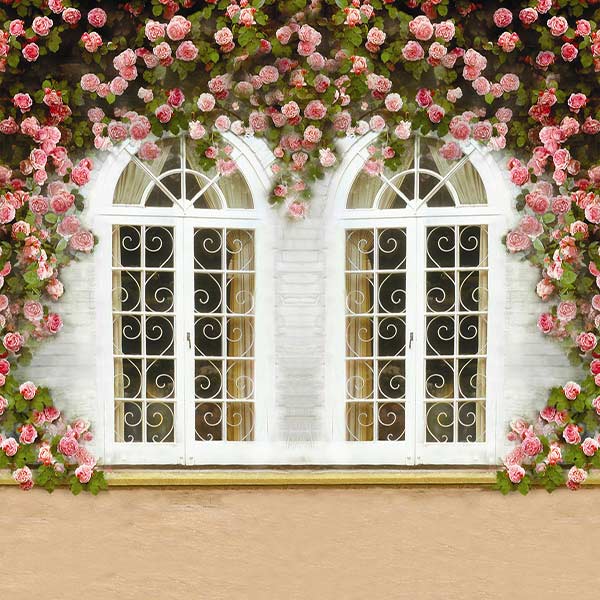 Fox Rolled Vinyl Double Windows Pink Flowers Spring Backdrop - Foxbackdrop