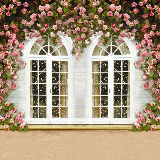 Fox Rolled Vinyl Double Windows Pink Flowers Spring Backdrop - Foxbackdrop