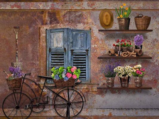 Fox Rolled Retro Rust Bike Flowers Vinyl Spring Backdrop - Foxbackdrop