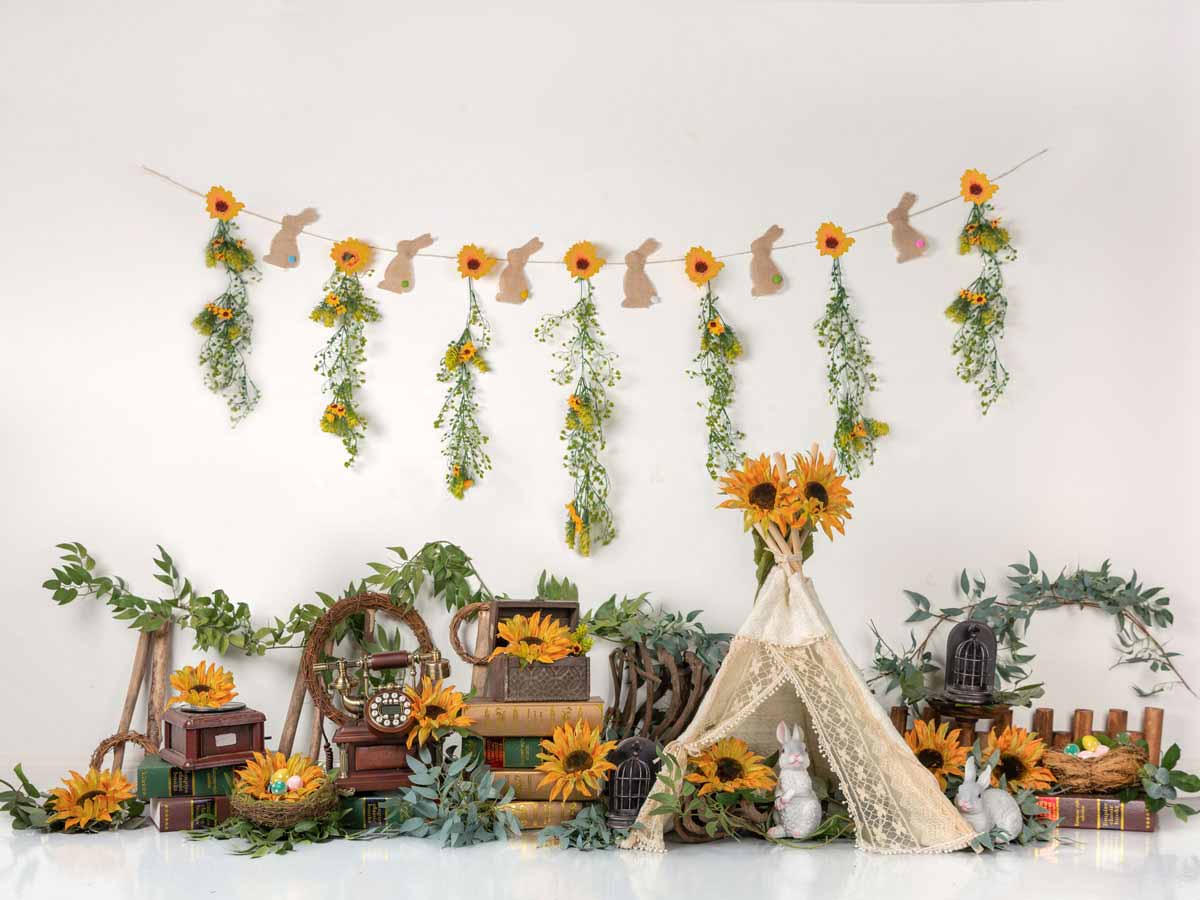 Fox Vinyl Rolled Spring Easter Egg Sunflowers Backdrop Designed by Jia Chan - Foxbackdrop