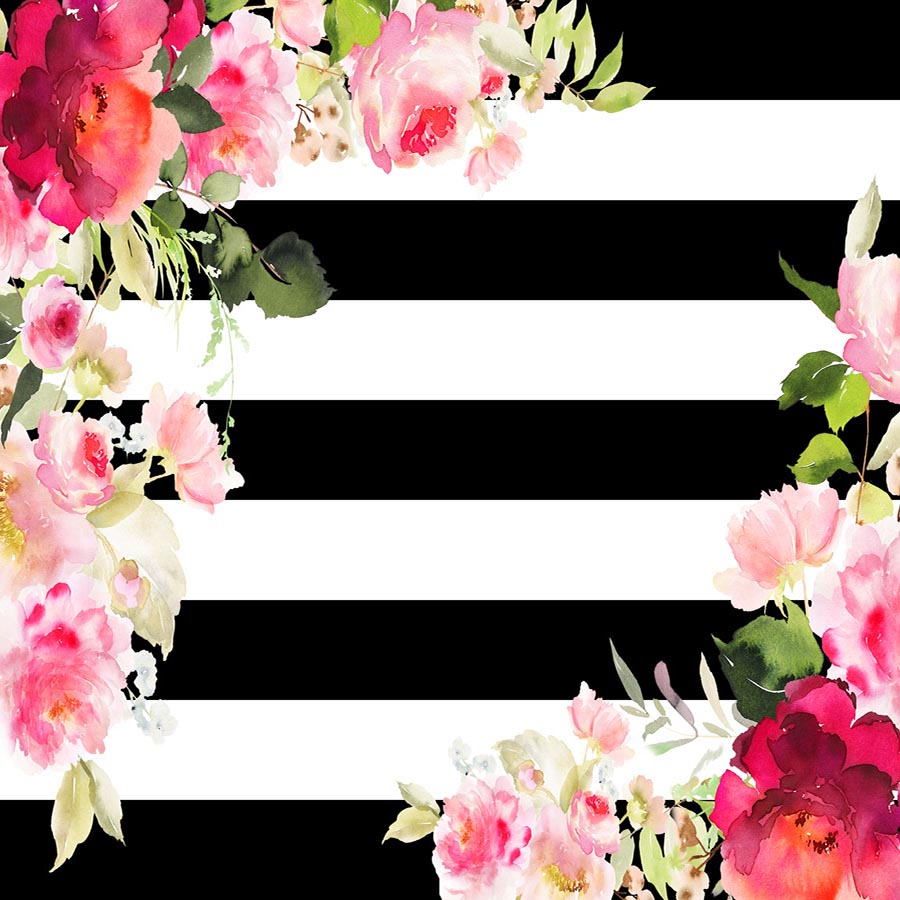 Fox Rolled Vinyl Mother's Day Black White Stripes with Flowers Backdrop - Foxbackdrop