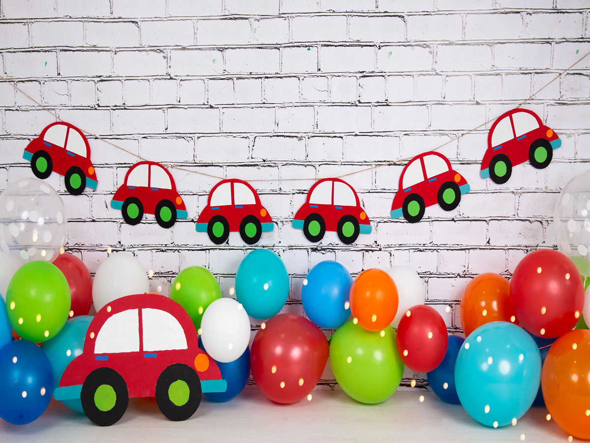 Fox Rolled Colorful Balloons Red Cars Boy Birthday Vinyl Backdrop Designed By Blanca Perez - Foxbackdrop