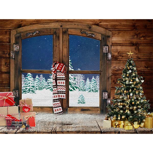 Fox Christmas Trees Vinyl Backdrop with Window Gift - Foxbackdrop