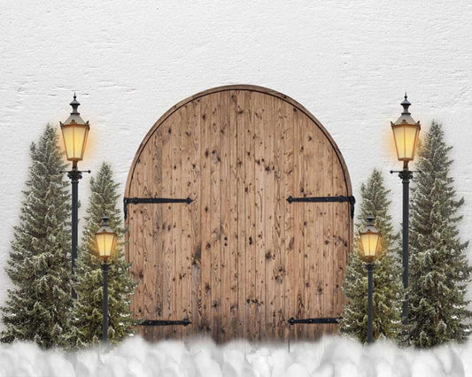 Fox Vinyl Christmas Backdrop with Wood Door Lights - Foxbackdrop