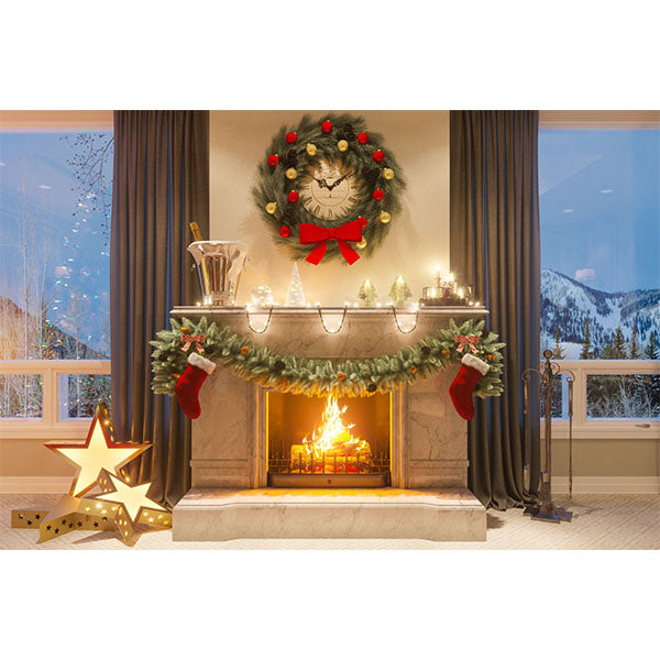 Fox Christmas Fireplace Lights Vinyl Xmas Photo Backdrop - Foxbackdrop