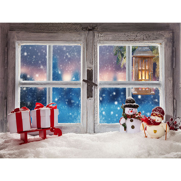 Fox Window Christmas Snowman Gift Vinyl Backdrop - Foxbackdrop