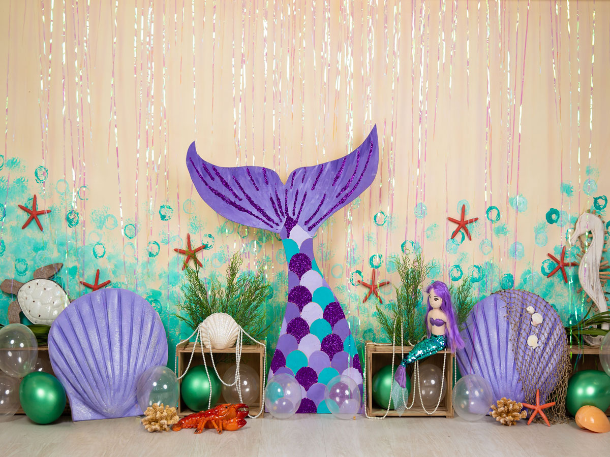 Fox Rolled Mermaid Girl's Birthday Vinyl Backdrop Designed By Blanca Perez - Foxbackdrop