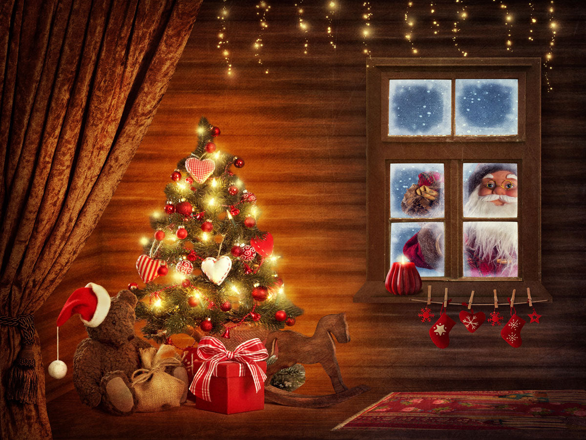 Fox Santa Claus Christmas Trees Vinyl Backdrop - Foxbackdrop