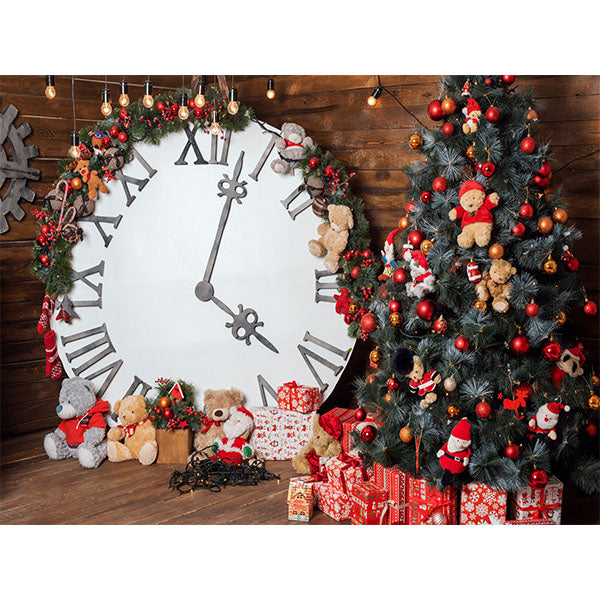 Fox Christmas Clock Gifts Trees Vinyl Backdrop - Foxbackdrop