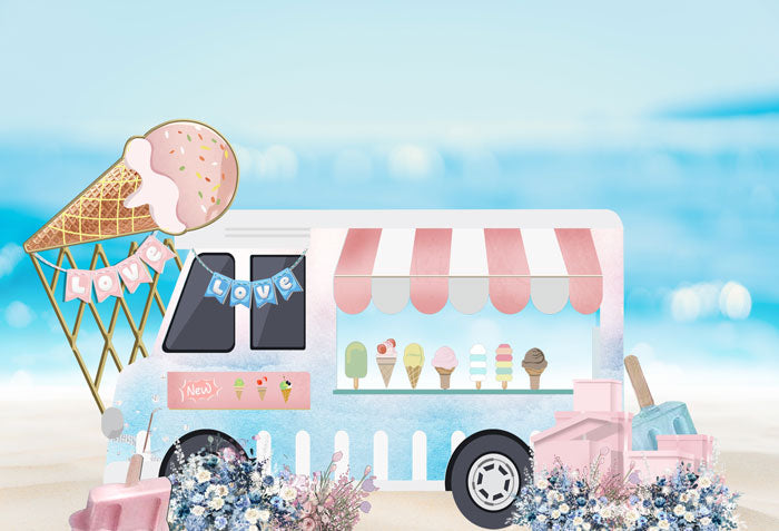 Fox Beach Summer Ice Cream Car Vinyl Backdrop - Foxbackdrop