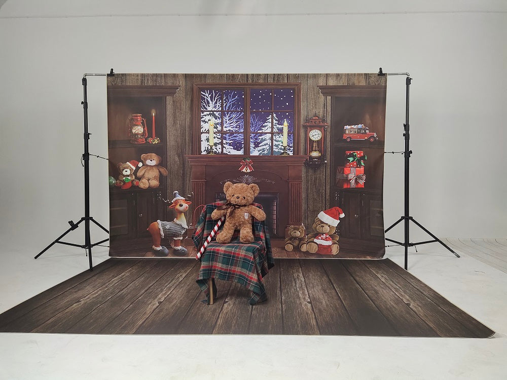 Fox Vinyl Christmas bear backdrop+ Vinyl dark wood floor drop combo set