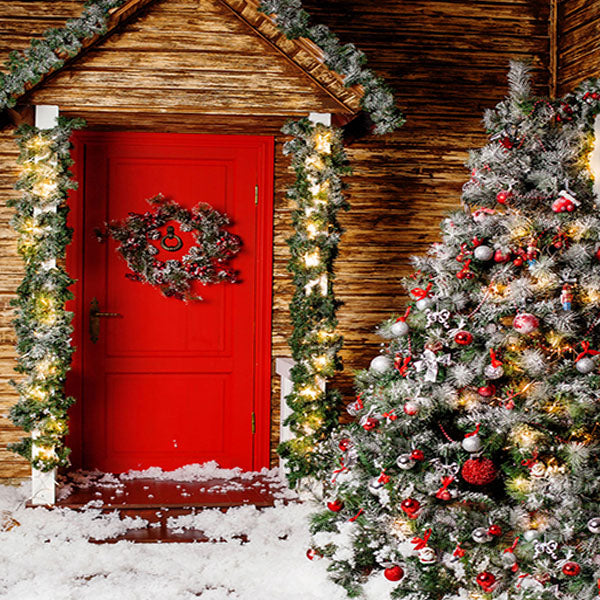 Fox Christmas Trees Wood House Snow Vinyl Backdrop - Foxbackdrop