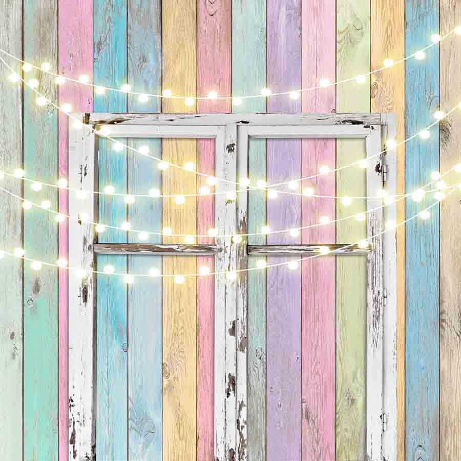 Fox Rolled Vinyl Colorful Wood Door Shiny Lights Backdrop - Foxbackdrop