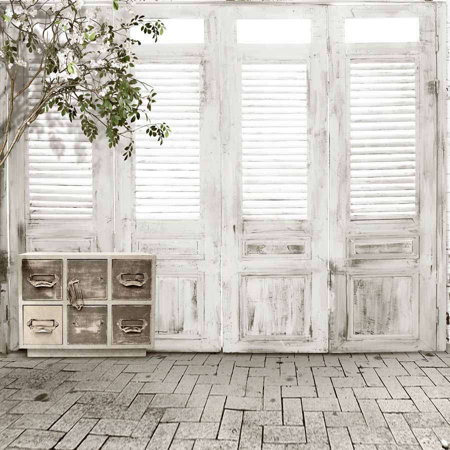 Fox Rolled Retro Wood Door Brick Floor Vinyl Backdrop - Foxbackdrop