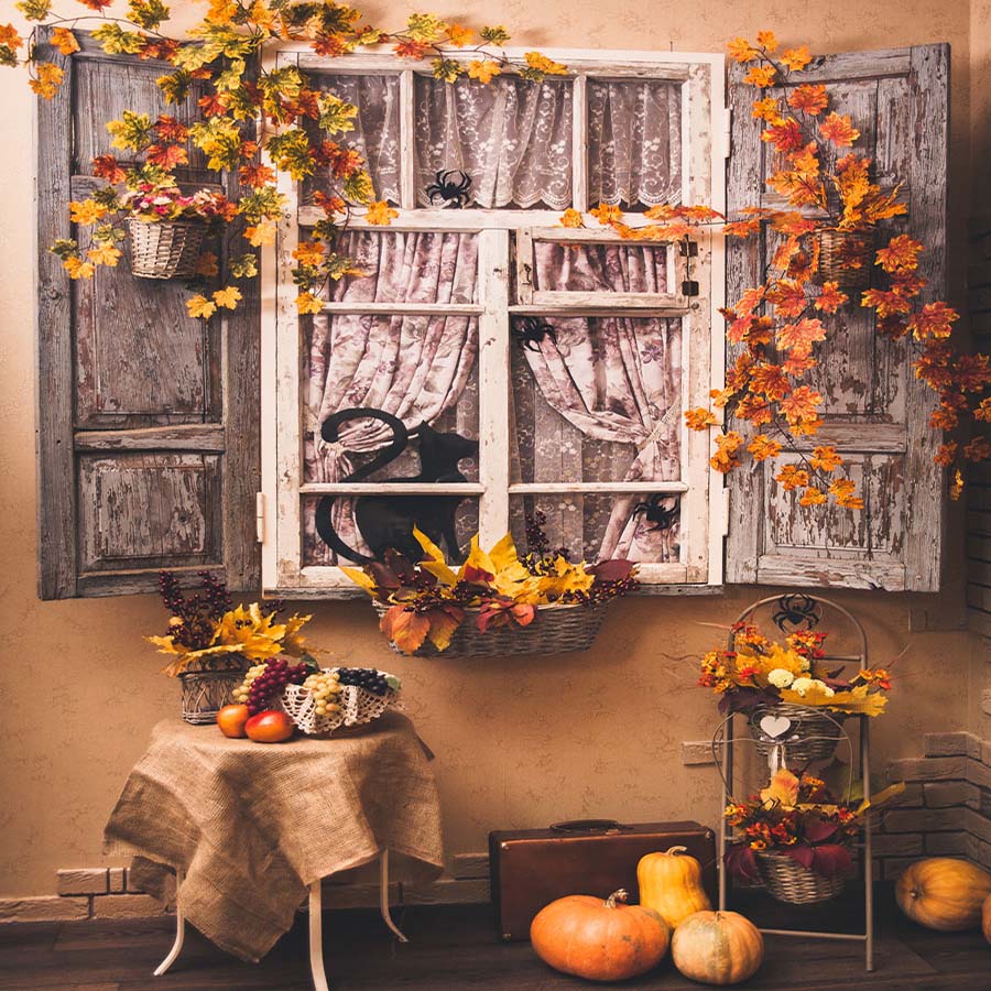 Fox Rolled Autumn Window Thanksgiving Vinyl Photo Backdrop - Foxbackdrop