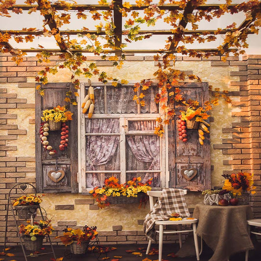 Fox Rolled Autumn Window Courtyard Vinyl Photo Backdrop - Foxbackdrop