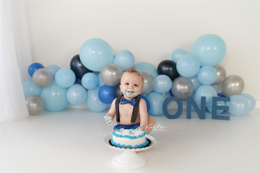 Fox Rolled Boy's Birthday Cake Smash Blue Balloons Vinyl Backdrop Design by Kali - Foxbackdrop