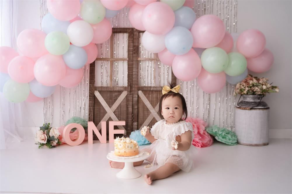 Fox Rolled Girl's Birthday Cake Smash Pink Balloons Vinyl Backdrop Design by Kali - Foxbackdrop