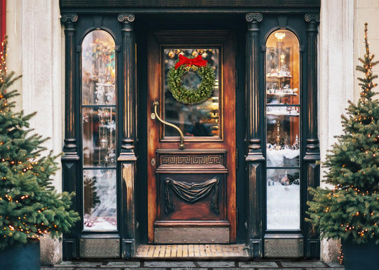 Fox Rolled Retro Christmas Front Door Vinyl Backdrop - Foxbackdrop