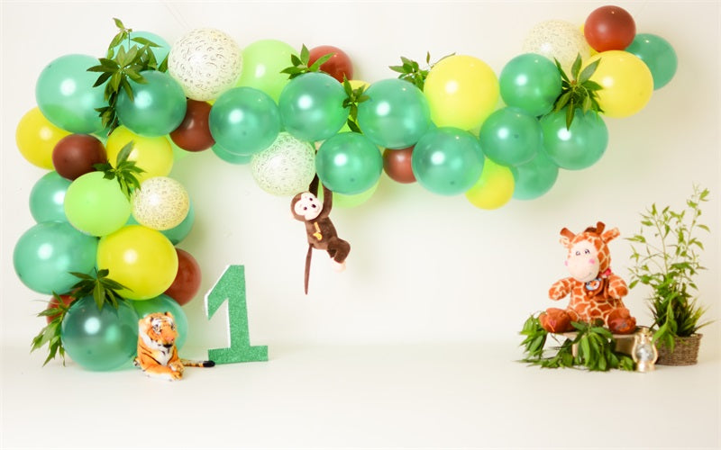 Fox Rolled Birthday Green Balloon Monkey One-year-old Vinyl Backdrop Designed By Mommy me - Foxbackdrop