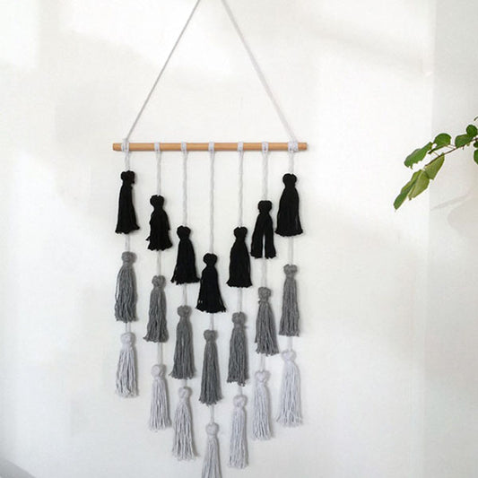 Fox 40×74cm Boho Hand Made Black White Gray Tassel Cotton Tapestry Props - Foxbackdrop