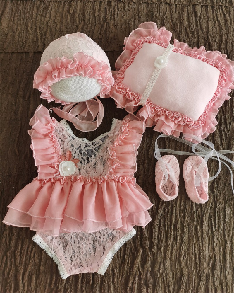 Fox 4pcs/set Newborn Baby Prop Lace Outfits Dress Shoes Pillow Hat - Foxbackdrop