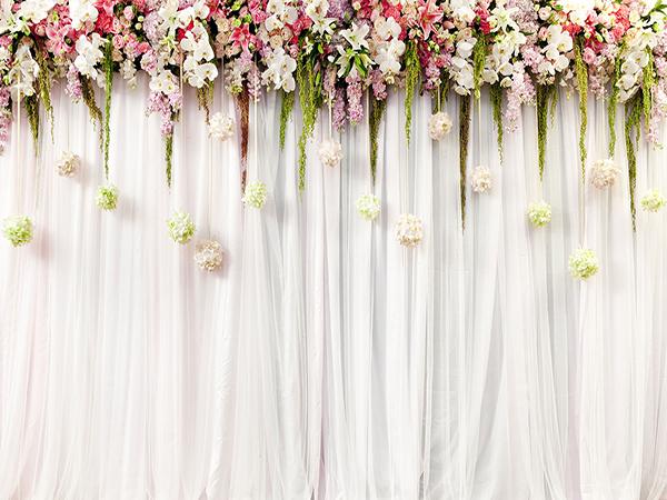 Fox Rolled White Curtains with Flowers Wedding Vinyl Backdrop - Foxbackdrop