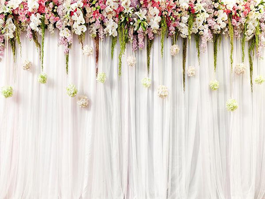 Fox Rolled White Curtains with Flowers Wedding Vinyl Backdrop - Foxbackdrop