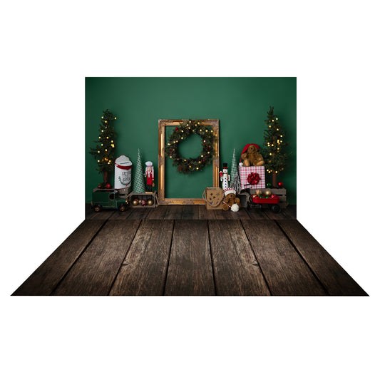 Fox Christmas Backdrop Toy Bear Designed by Blanca Perez+ Vinyl Dark Wood Floor Drop Combo Set