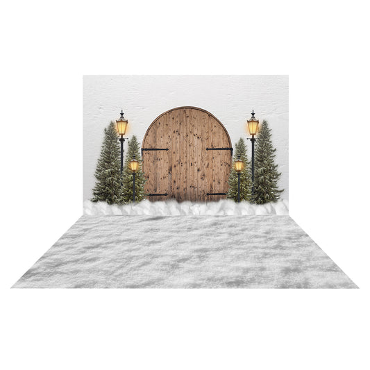 Fox Vinyl Christmas Backdrop with Wood Door Lights+ Vinyl Snow Floor Drop Combo Set